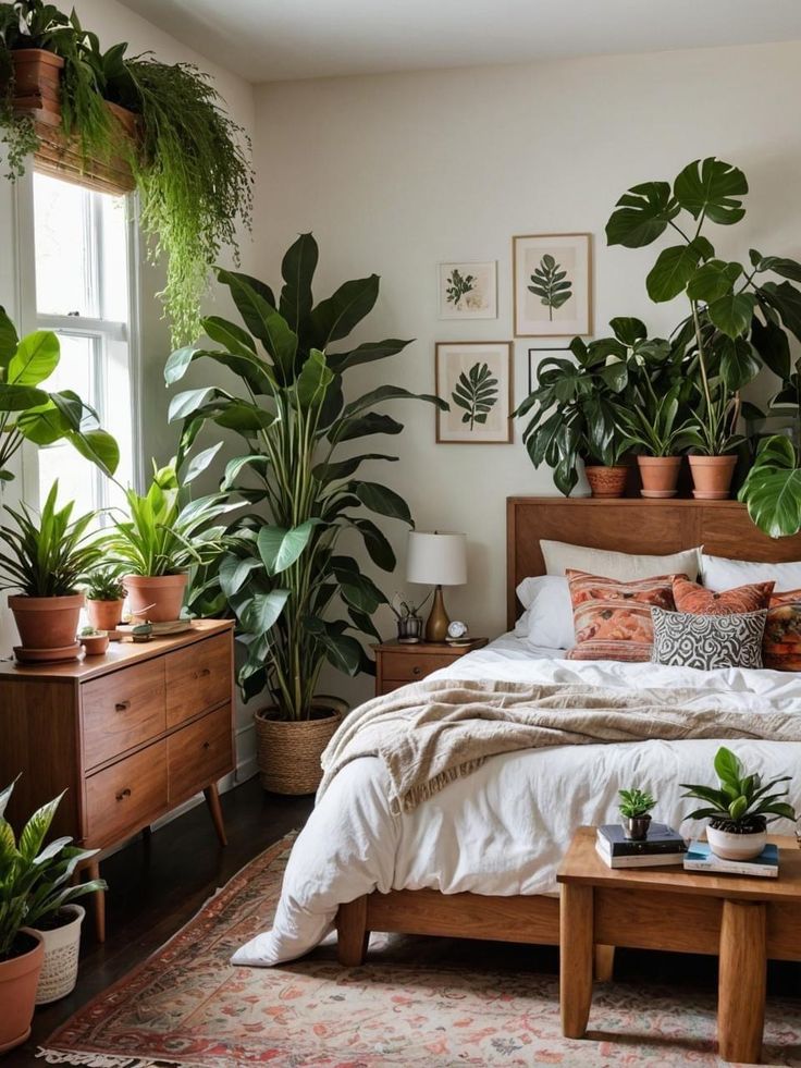 a bedroom with lots of potted plants on the wall