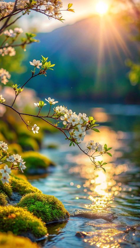 the sun shines brightly through the trees and flowers on the water's edge