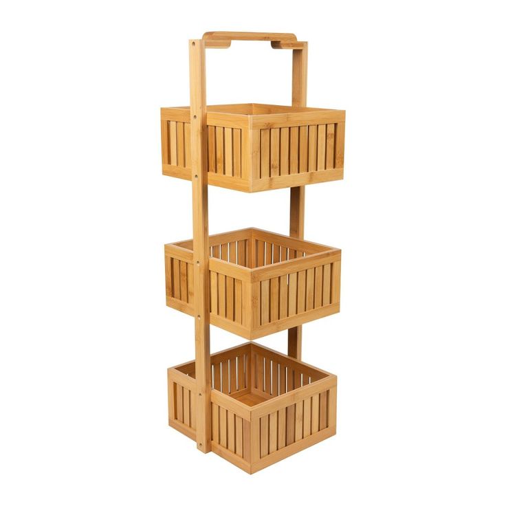 three tiered wooden shelf with baskets on the top and bottom, in front of a white background