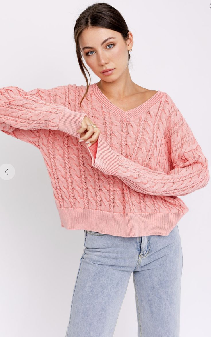 WASHED FLAMINGO PINK CABLE KNIT SWEATER100% COTTON MODEL IS WEARING A SIZE SMALL MODLE SPECS HEIGHT: 5'8" BUST: 32 WAIST: 24" HIPS: 34" Big Sweaters, Flamingo Pink, Bootie Sandals, Cute Sweaters, Cable Knit Sweater, Pink Fabric, Pink Sweater, Online Boutiques, Outfits For Teens