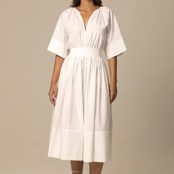 ANIA ORGANIC COTTON SHIRT DRESS IN WHITE White Cotton Dress With Pleated Waist, White Cotton Midi Dress With Pleated Waist, White Cotton Dress With Gathered Neckline, White Cotton Dress With Gathered Sleeves, White Cotton Dresses With Gathered Sleeves, White Midi Dress With Gathered Waist For Daywear, White Dresses With Gathered Waist For Daywear, White Cotton Dress With Gathered Skirt, White Summer Midi Dress With Gathered Skirt