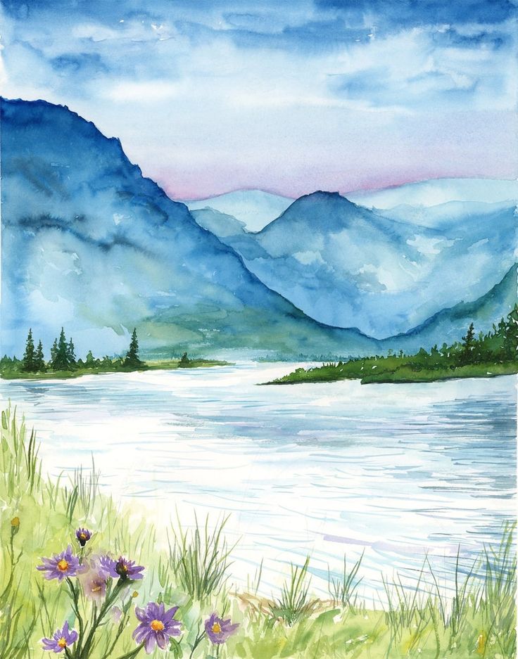 a watercolor painting of mountains and flowers by the lake with grass in foreground