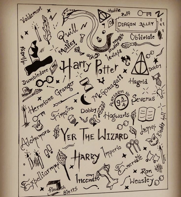 harry potter's hogwarts symbols are drawn in black ink on white paper