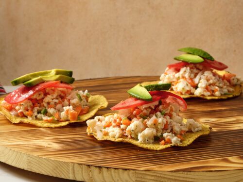 Ceviche Tostadas Puerto Vallarta Avocado Sauce Recipe, Patis Mexican Table, Mexican Table, Avocado Sauce, Chicken And Shrimp, Chopped Carrots, Fish Fillet, Classic Food, Mexican Food