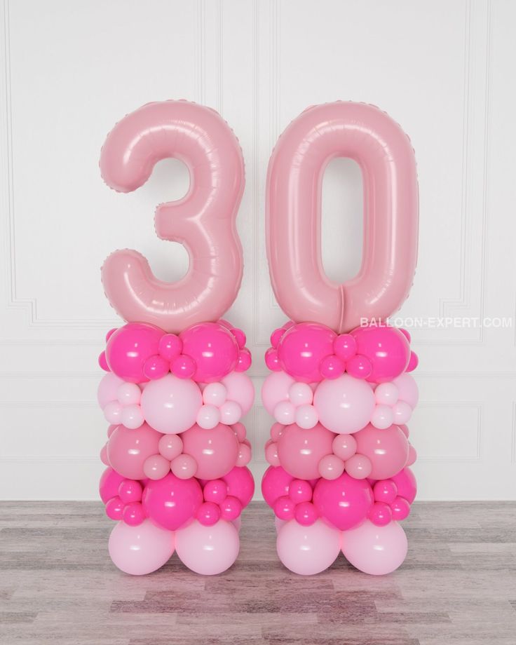 Pink and Fuchsia Double Number Balloon Columns from Balloon Expert Pastel Balloon Columns, Balloon Column With Numbers, Pink Balloon Columns, Balloon Arrangements Birthday, Number Balloon Columns, Pink Balloon Decorations, Number Balloon Bouquet, Barbie Balloons, Balloon Topiary