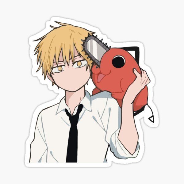 an anime character holding up a red stuffed animal with his eyes wide open sticker