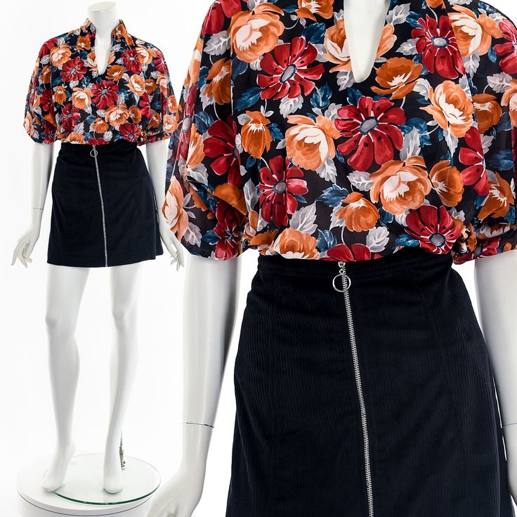 "- 60s floral print blouse - v neck - short elastic puff sleeves - single stitch Fits like:  S - M Material:  Polyester Condition:  Great Clipped on Mannequin:  No ✂ SIZE + FIT ✂ Length: 25\" / 64 cm Shoulders, seam to seam: 19\" / 48 cm Sleeve Length: 12\" / 30 cm Bust: 46\" / 117 cm Waist: 36\" / 91 cm All measurements are taken with garment lying flat. ALWAYS refer to measurements as vintage sizes run can vary greatly from today's modern sizes. We recommend comparing measurements above with a similar style garment you own for best fit before purchasing.  DRESS FORM / MANNEQUIN is wearing the size detailed above but she typically measures a size 4/6 by modern retail sizes or a general size small. Belt Accessories and other clothes are NOT included. ▲▲All Garments Have Been Laundered/Stea Vintage V-neck Printed Blouse, Retro Floral Print V-neck Top, Multicolor 3/4 Sleeve Blouse With Floral Print, Multicolor Floral Print Button-up Top, Multicolor Floral Print V-neck Peasant Top, Dress Form Mannequin, Stitch Fit, Peasant Blouse, Floral Print Blouses