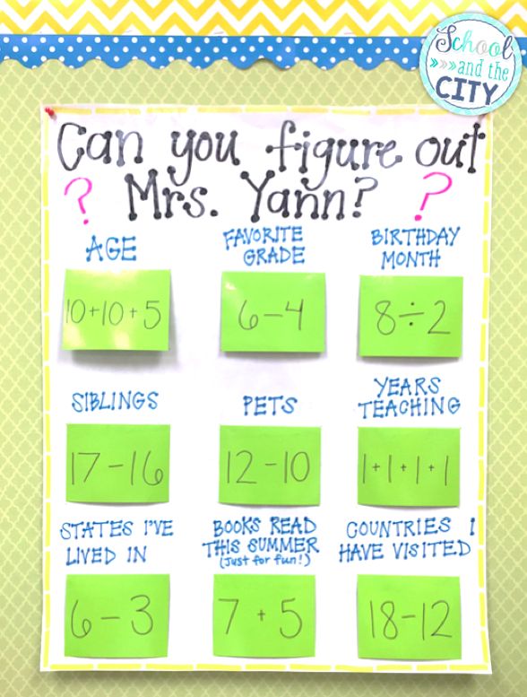 a bulletin board with green sticky notes on it and numbers written in black ink that read can you figure out mrs yarn?