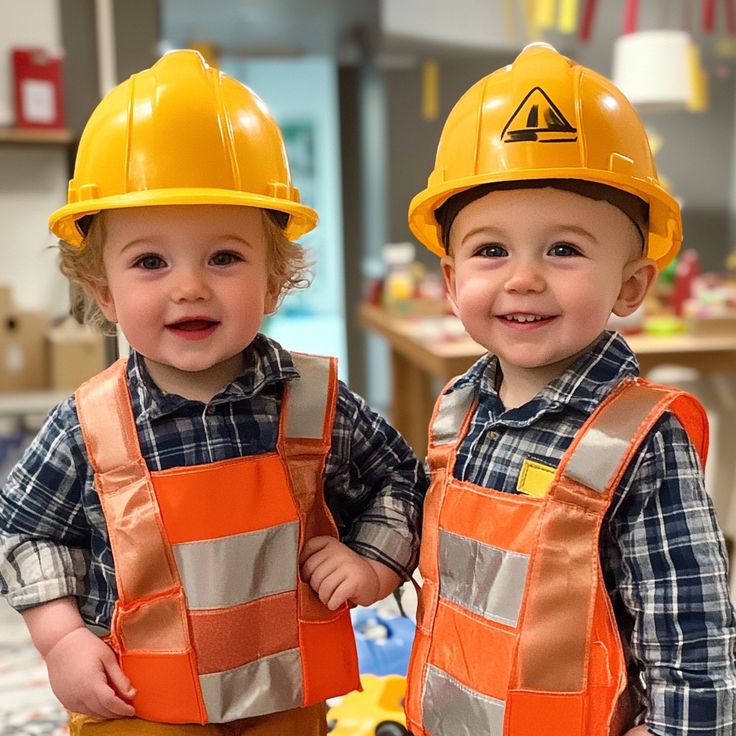 two young boys wearing construction vests and hard hats