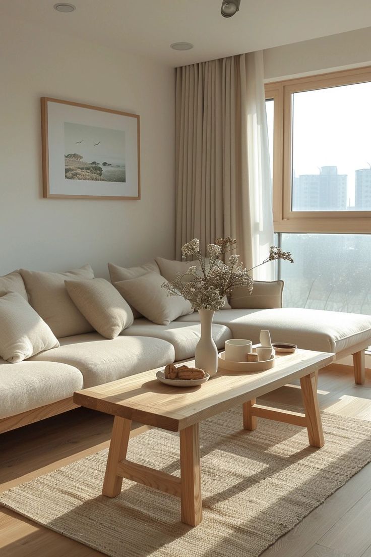 a living room filled with furniture and a large window covered in curtains next to a wooden table