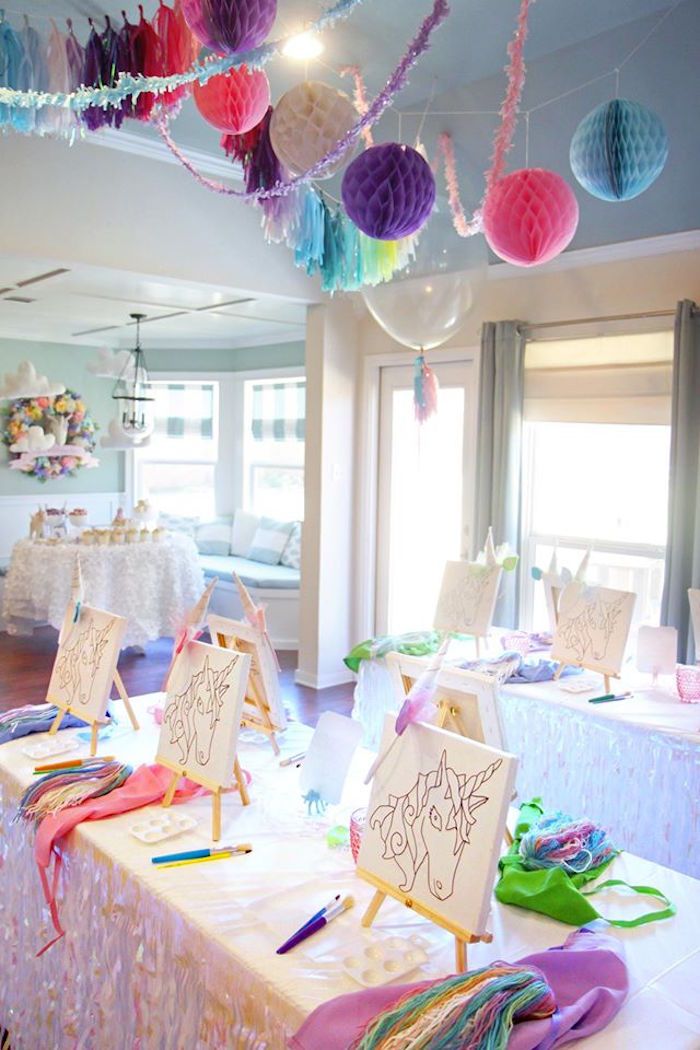 the pinterest page for this unicorn themed party is filled with paper lanterns and decorations