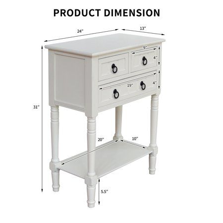 a white table with two drawers and one drawer on the bottom, labeled product dimension