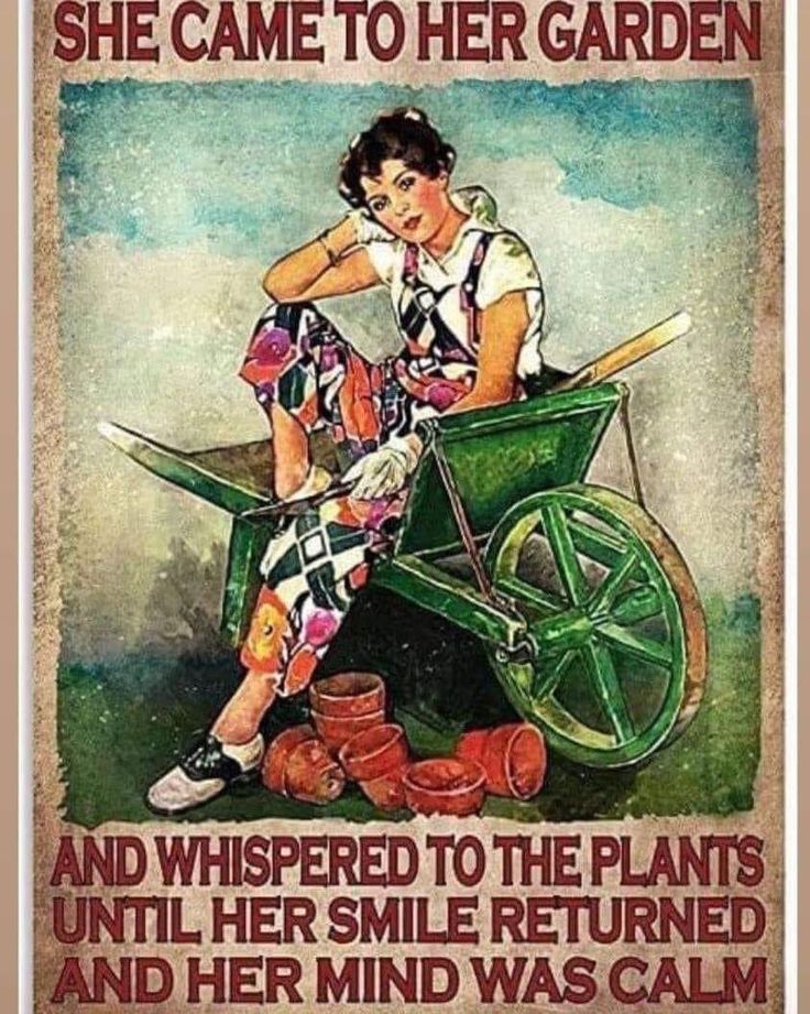 a woman sitting on top of a wheel barrow with the words, and when life came to her garden she came to her garden