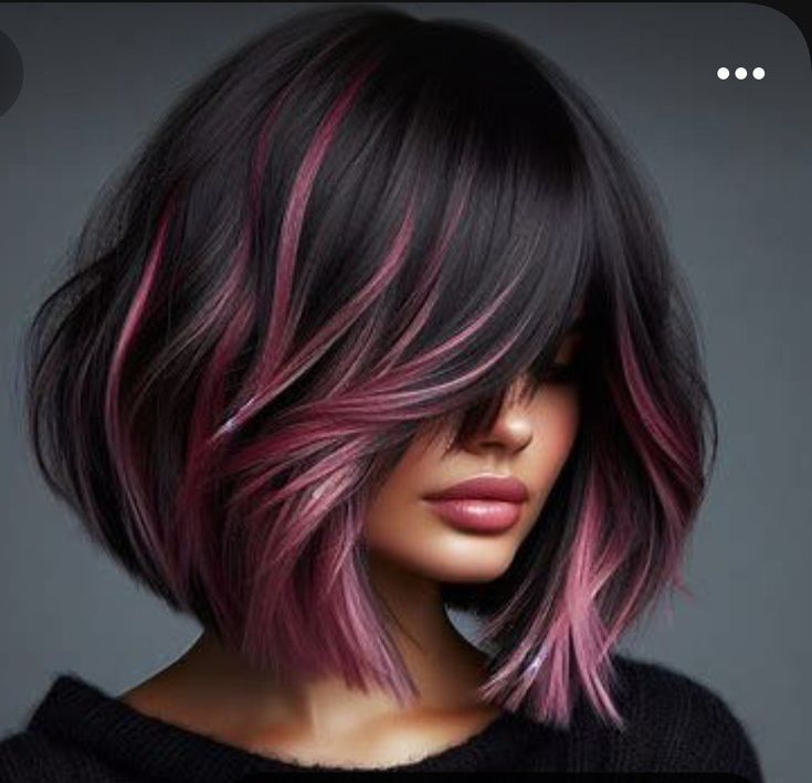 Vibrant Hair Highlights, Black And Vivid Hair, Burgundy Money Piece Hair On Black Hair, Short Hair Inspiration Color, Vivid Hair Color Highlights, Bob Haircolor Ideas, A Line Haircut With Bangs, Hair Color Unique Short, Black And Magenta Hair