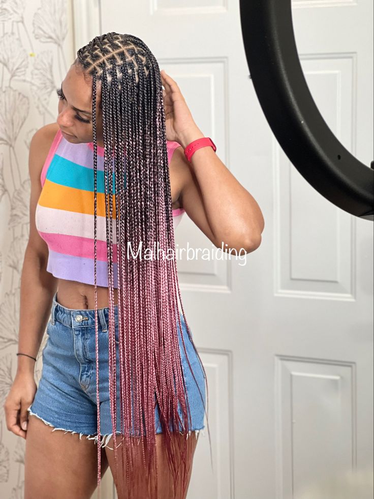 Unicorn Knotless Box Braids, Pink Ombré Braids, Brown To Pink Ombre, Brown And Pink Hair, Ombre Box Braids, Colored Box Braids, Pink Ombre Hair, Knotless Box Braids, Ombre Braid