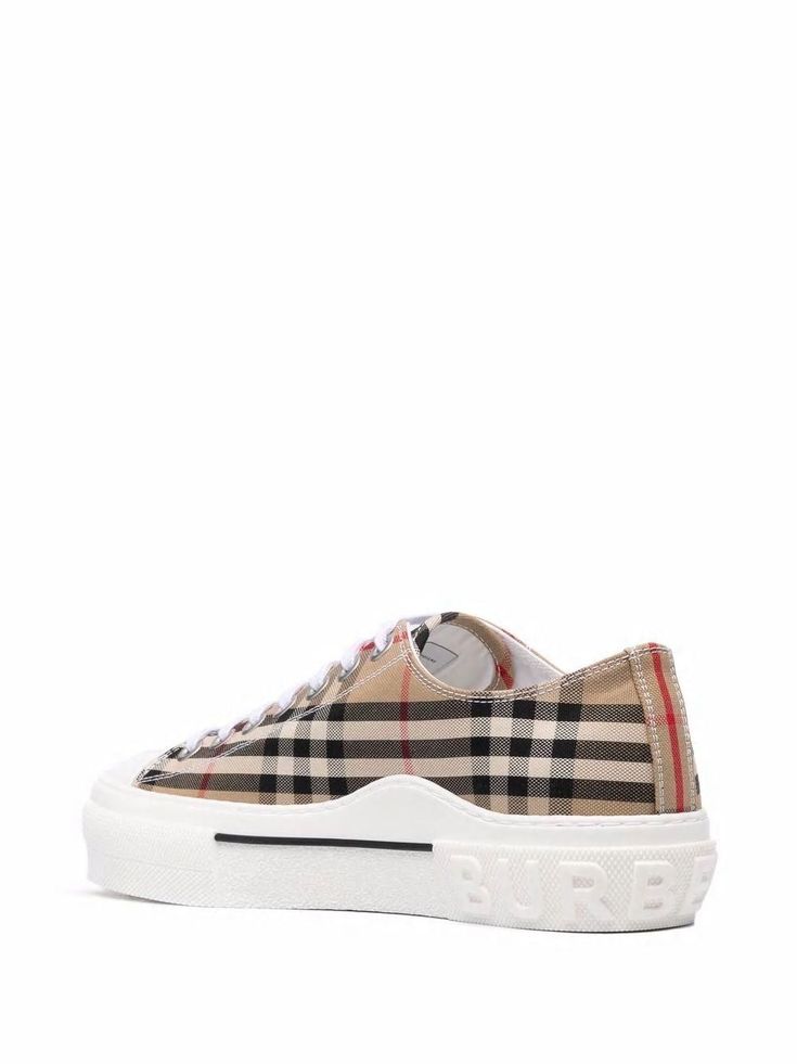 Step up your shoe game with these vintage check motif canvas sneakers. The round toe and contrasting color cap-toe add a stylish and sophisticated touch to these must-have kicks. Made with a blend of high-quality materials including cotton, calf, polyester, ovine leather, rubber, and goatskin, these sneakers are not only fashionable but also durable and long-lasting. Whether you're running errands or hitting the town, these canvas sneakers will take your outfit to the next level. Vintage check p Beige Sneakers, Burberry Vintage, Leather Cap, Beach Tote Bags, Canvas Sneakers, Check Pattern, Shoe Game, Lanvin, Sneakers For Sale