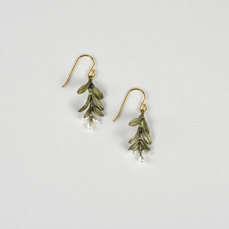 Garden Vine Earrings - Goldmakers Fine Jewelry Green French Hook Earrings, Gold Nature-inspired Hand Forged Earrings, Nature-inspired Hand Forged Gold Earrings, Brass Pearl Earrings With Ear Wire As Gift, Green Hand Forged Brass Earrings, Hand Forged Green Drop Earrings, Elegant Hand Forged Green Jewelry, Nickel-free Brass Pearl Earrings As Gift, Nickel-free Brass Pearl Earrings For Gift