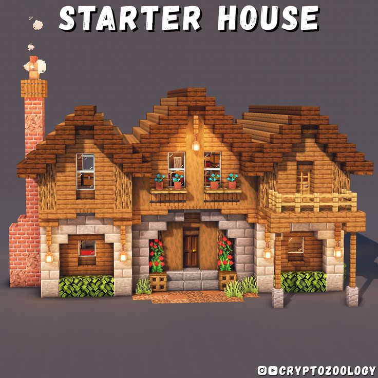 a house made out of wood and bricks with the words starter house on it's side