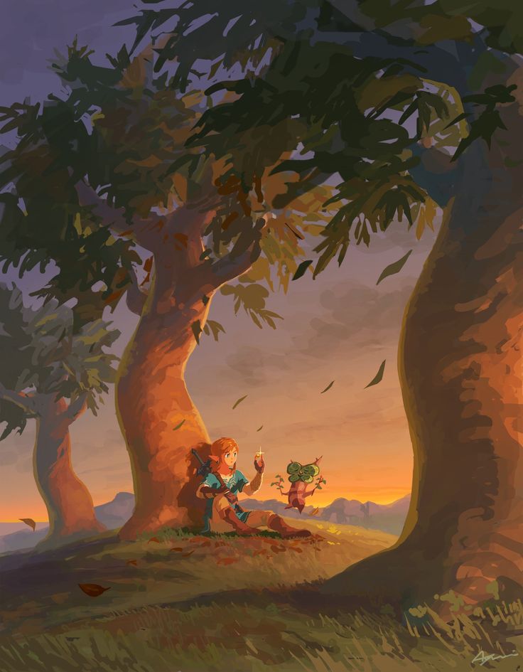 a painting of two people sitting on a hill under a tree with an orange sky in the background