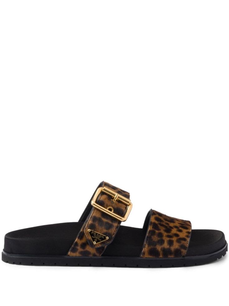 brown/black leather animal print enamel triangle logo round open toe double-strap design gold-tone buckle detail slip-on style branded leather insole rubber sole Prada Triangle, Logo Animal, Sandals Brown, Round Logo, Demi Fine Jewelry, Triangle Logo, Van Cleef Arpels, Strap Design, Brown Sandals