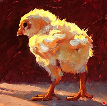 an oil painting of a chicken standing in the sun on a red and black background