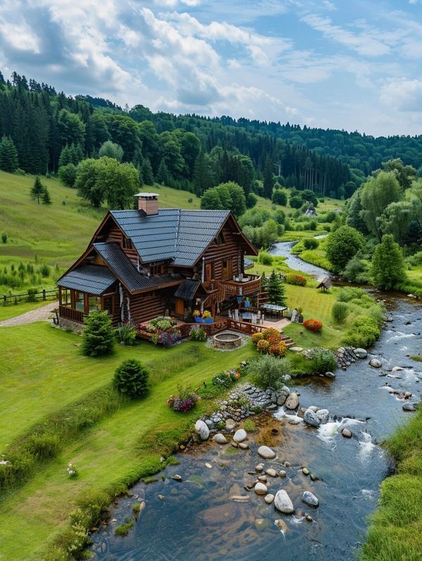 an aerial view of a log cabin with a river running through it