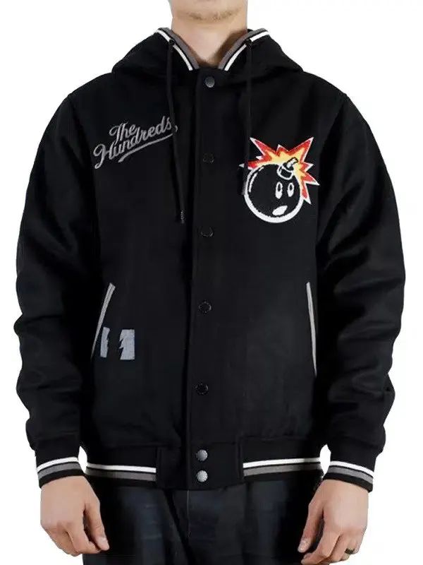 The Hundreds Black Letterman Jacket Hooded Cotton Varsity Jacket For Streetwear, Cotton Hooded Varsity Jacket For Streetwear, Black Varsity Hooded Jacket For Streetwear, Black Varsity Hooded Jacket With Long Sleeves, Black Varsity Hooded Jacket For Winter, Urban Cotton Hooded Varsity Jacket, Varsity Hooded Jacket For Streetwear, Hooded Urban Varsity Jacket For Streetwear, Urban Hooded Varsity Jacket For Streetwear