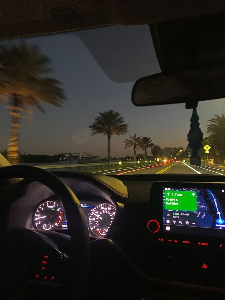 the dashboard of a car at night with palm trees and street lights in the background