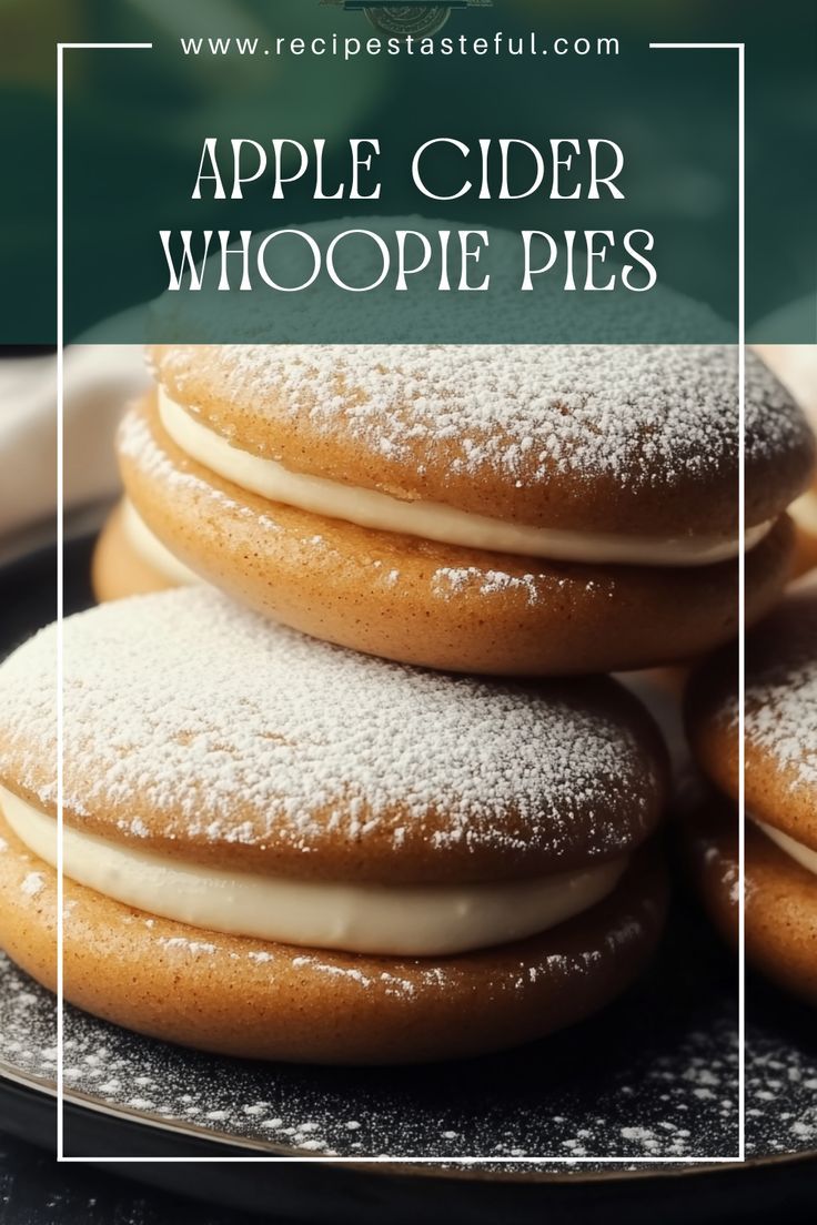 apple cider whoopie pies stacked on top of each other with powdered sugar