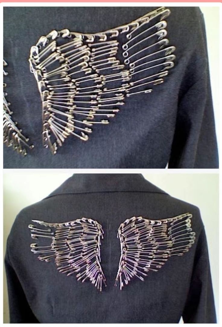 the back of a black jacket with silver wings on it and an image of two different images