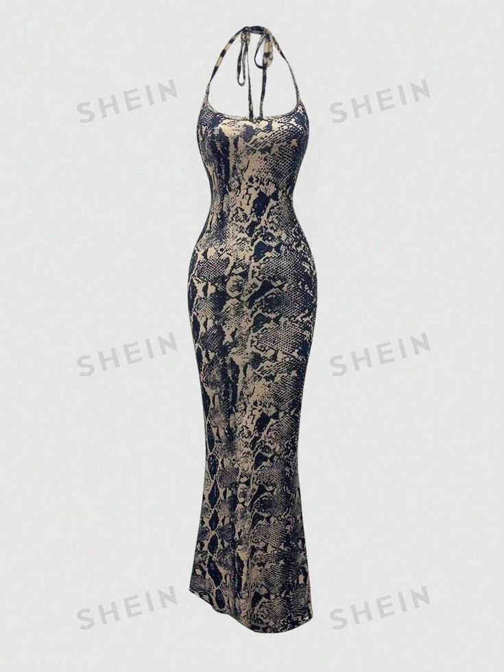 SHEIN EZwear Snakeskin Print Tie Backless Spaghetti Strap Dress | SHEIN USA Crochet Maxi Dress Shein, Snake Print Formal Dress, Pink Snakeskin Dress, Geo Print Bodycon Dress, Maxi Dress Snake Print, Spaghetti Strap Dress, Snakeskin Print, Clothing Websites, Printed Ties