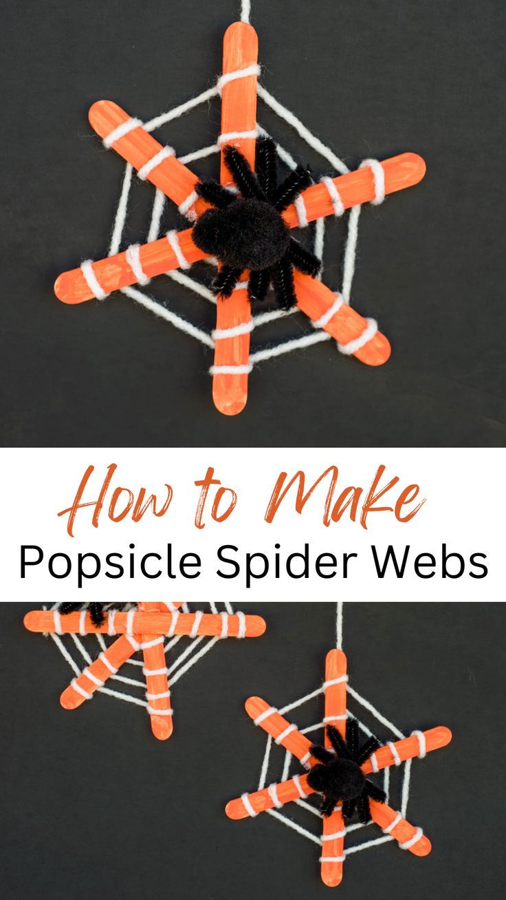 popsicle spider webs made from orange and black yarn with text overlay that says how to make popsicle spider webs