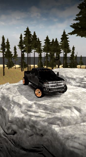 a black truck driving on top of snow covered ground next to pine tree's