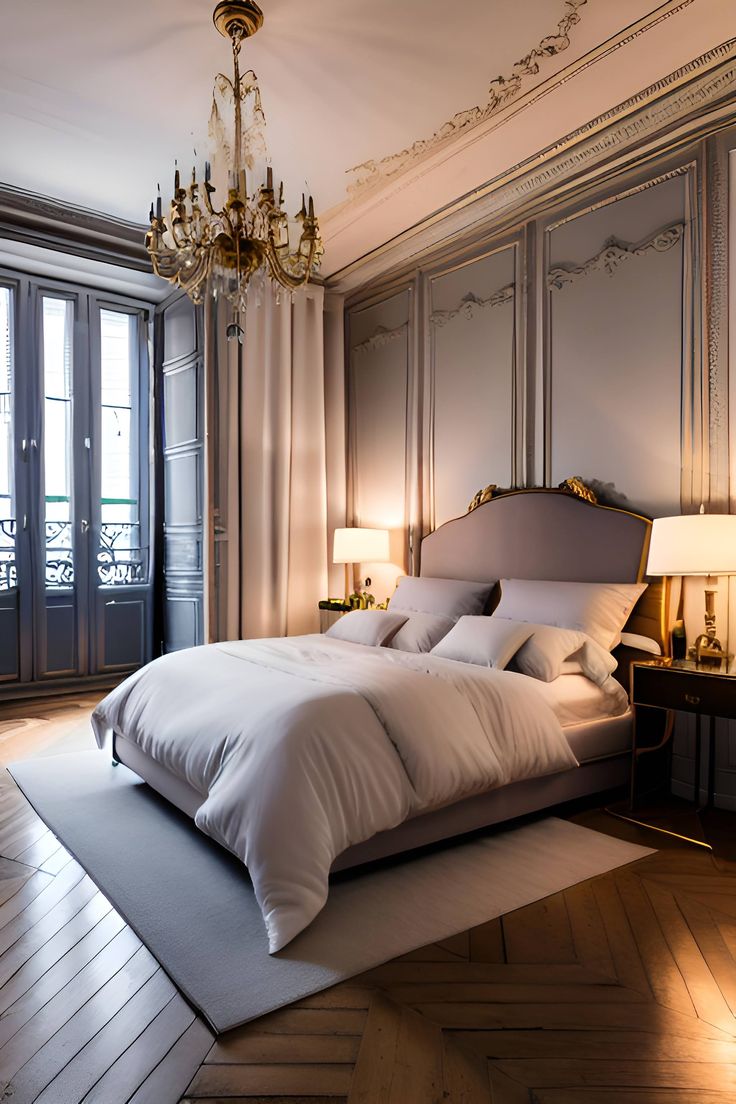 a large bed sitting in the middle of a bedroom next to a chandelier