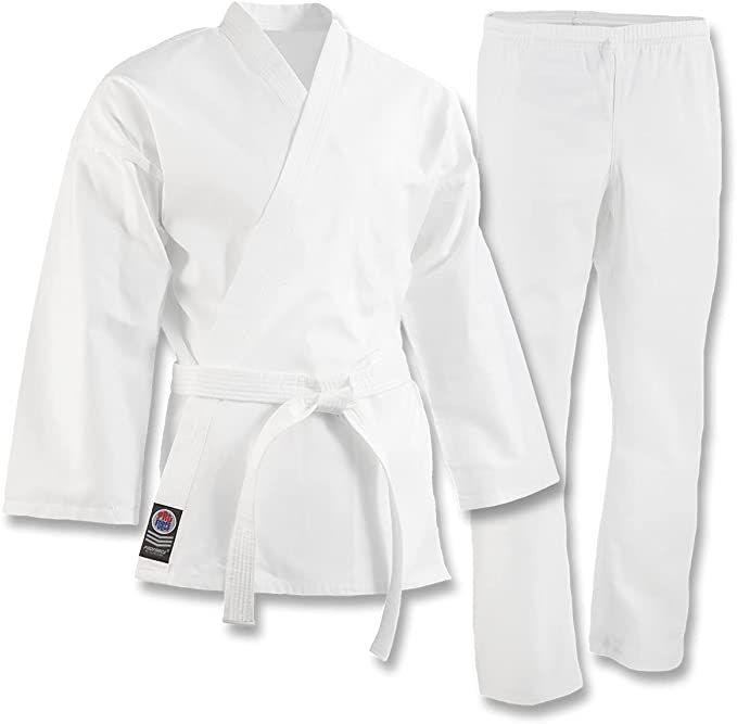 the karate uniform is white and has a black belt