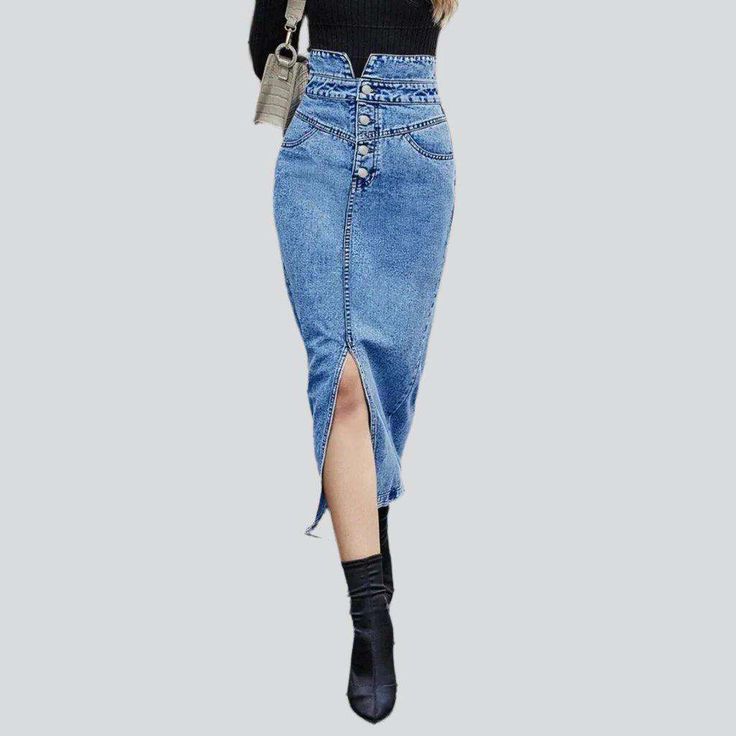 Revive the '90s with our 2023 Summer Collection: the long. stonewashed. tall-waist jean skirt that will make you stand out! Our statement denim piece is crafted with a distinctive damaged pattern. sleek slim fit. zipper and button duo and premium quality denim for a bold and stylish look.Distinctive Features: Grunge Elegance: Inspired by the iconic '90s alternative movement. these jeans embody rebellion and sophistication. Distinctive Distressed Pattern: Expertly crafted wear and tear. capturing Fitted High-waist Denim Skirt, Fitted High Waist Denim Skirt, High Waist Fitted Denim Skirt, High-rise Non-stretch Denim Skirt, Trendy High-waist Medium Wash Denim Skirt, Trendy High Waist Medium Wash Denim Skirt, Denim Skirt For Spring, Trendy Fitted Medium Wash Denim Skirt, Non-stretch Denim Blue Straight Leg Skirt