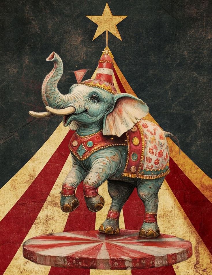 an elephant is standing on top of a circus tent and has a party hat on it's head