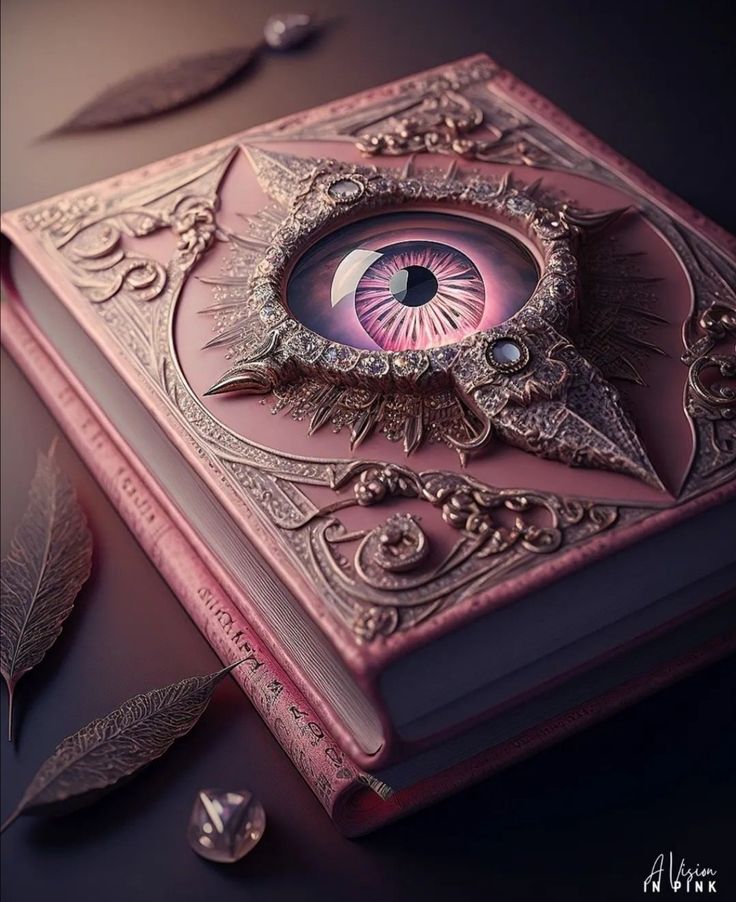 a pink book with an eyeball in the middle and some leaves on the side