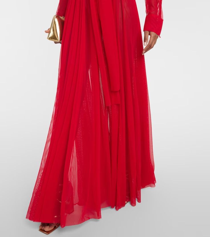 Chiffon gown in red - Norma Kamali | Mytheresa Chiffon Full-length Maxi Dress For Party, Party Full Length Chiffon Maxi Dress, Fitted Georgette Maxi Dress For Gala, Red Sheer Maxi Dress For Evening, Elegant Long Sleeve Nylon Dress, Fitted Red Silk Chiffon Dress, Red Chiffon Party Gown, Full Length Georgette Party Dress, Red Chiffon Gala Dress