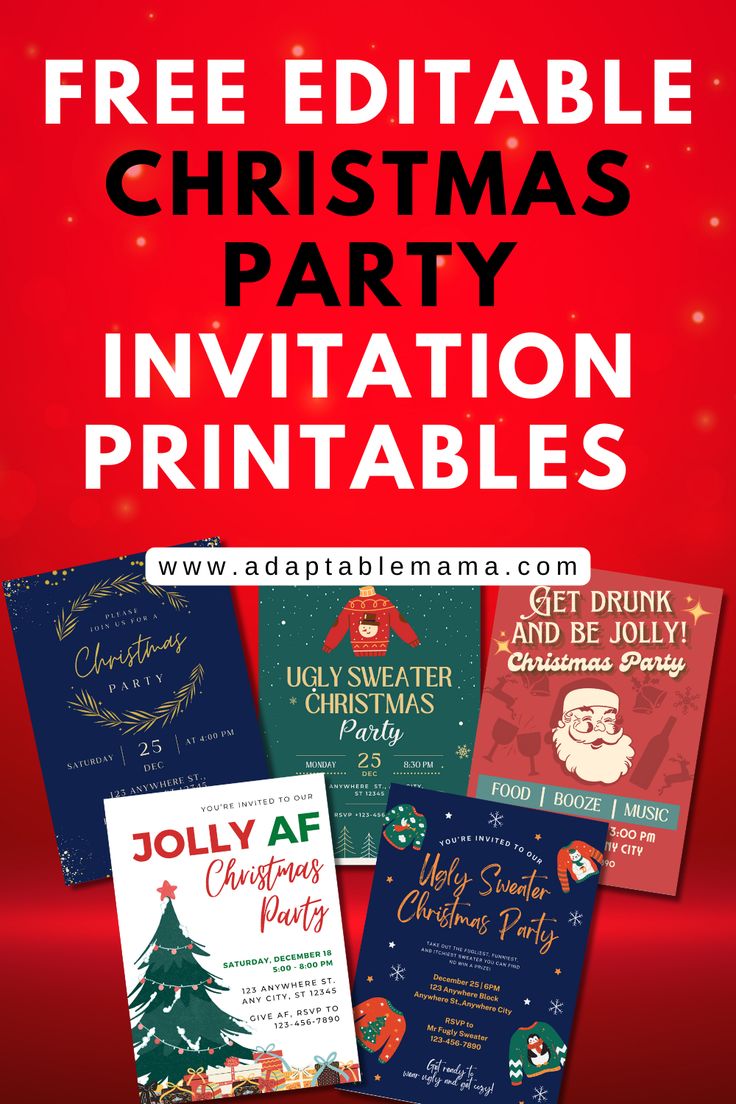 christmas party printables with the text free editable christmas party in red and blue