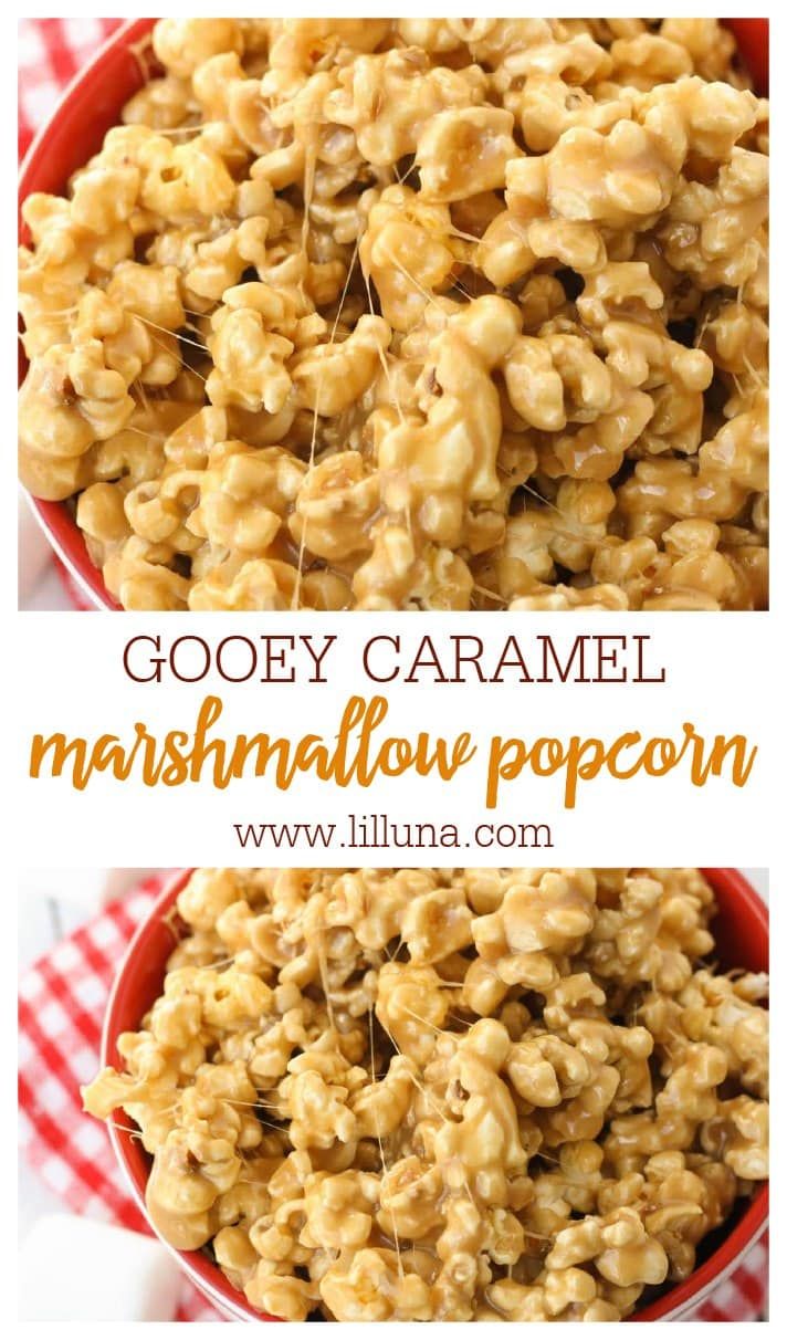 gooey caramel marshmallow popcorn in a red bowl on a checkered tablecloth