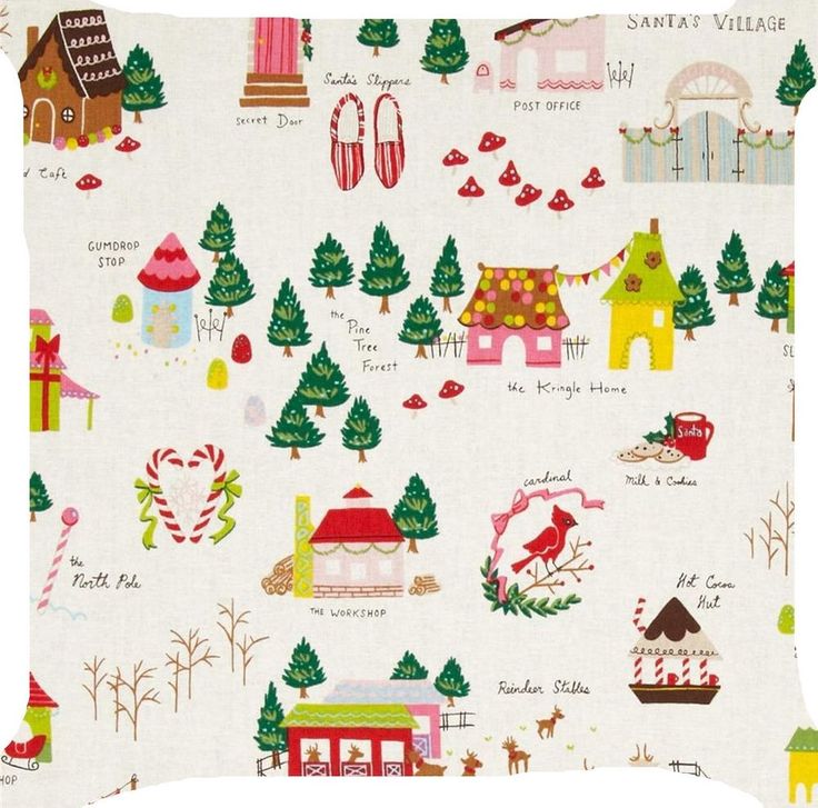 a white fabric with christmas scenes and trees on it, as well as the words santa's village