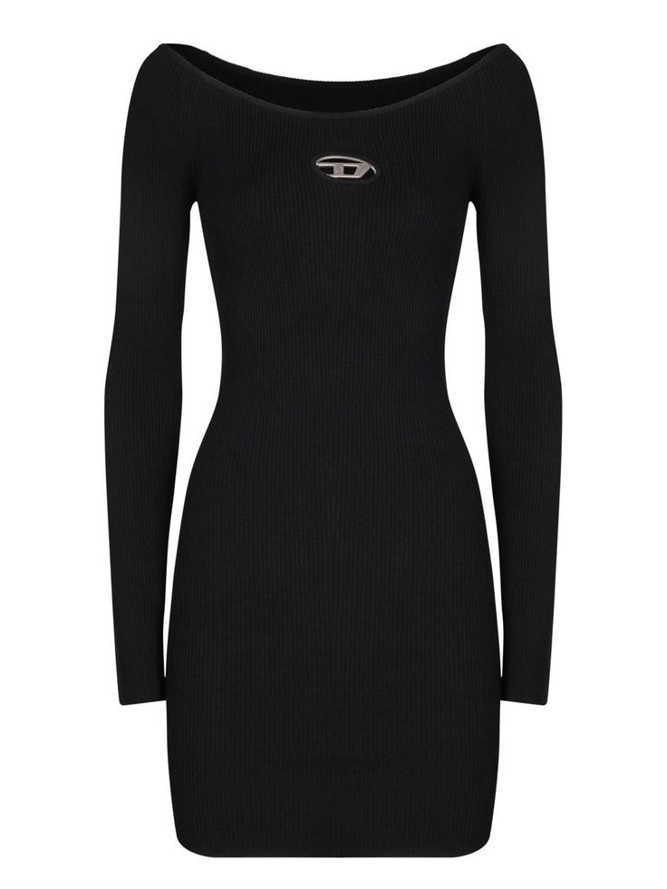 Long sleeve ribbed knit dress. Boat neckline. Front metallic logo detail.Elegant and contemporary, this ribbed black Diesel dress enhances the silhouette with a snug fit and a feminine boat neckline. Perfect for an upscale evening or a formal event.Gender: WomenMaterial: 83% VISCOSE 17% POLYESTERColor: BlackMade in: ImportedProduct ID: A14188 0DLAX 9XX*Import tax/duty will be calculated at checkout (If applicable) Chic Ribbed Bodycon Evening Dress, Chic Ribbed Bodycon Dress For Evening, Chic Evening Ribbed Bodycon Dress, Ribbed Stretch Bodycon Dress For Evening, Ribbed Bodycon Mini Dress For Evening, Ribbed Stretch Mini Dress For Evening, Stretch Ribbed Bodycon Dress For Evening, Evening Ribbed Mini Sweater Dress, Stretch Ribbed Mini Dress For Evening