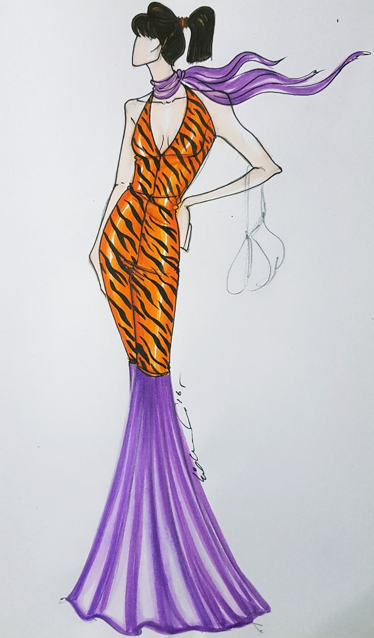 a drawing of a woman in a tiger print dress with long purple hair and ponytails