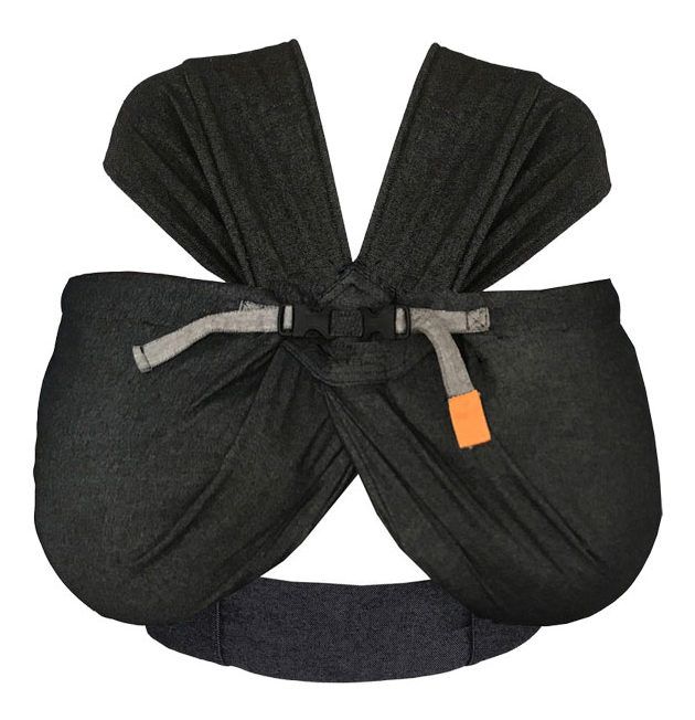 the back of a baby carrier with an orange tag on it's belt and black fabric