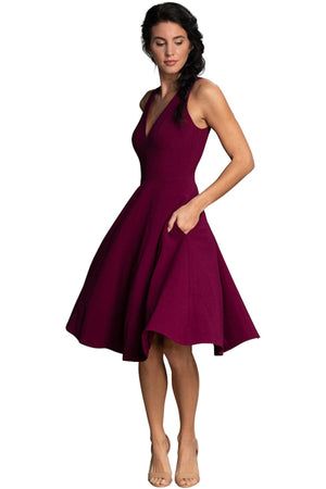 Sleeveless Dresses With Flattering Cut For Party, Fit And Flare Knee-length Dress For Gala, Knee-length Fit And Flare Midi Dress For Gala, Sleeveless V-neck Dress With Fitted Bodice For Party, Knee-length Fit And Flare Dress For Gala, Sleeveless Fit And Flare Gala Midi Dress, A-line Dress With Flattering Cut For Date Night, Chic Sleeveless V-neck Dress For Gala, Sleeveless Fitted V-neck Dress For Gala