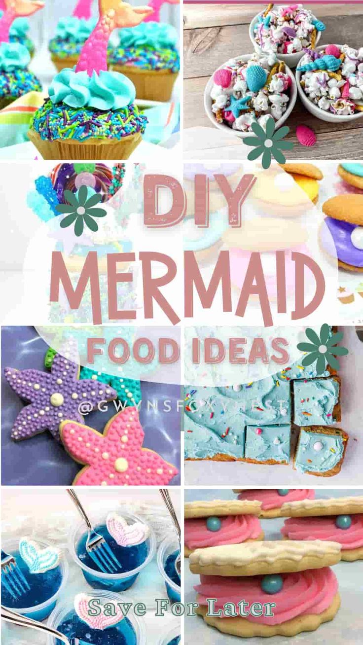 diy mermaid birthday party food ideas Food Ideas For Mermaid Party, Dive Into Five Birthday Food, Mermaid 5th Birthday Party Ideas, Healthy Mermaid Party Food, Mermaid Theme Desserts, Mermaid Cake And Cupcakes, Mermaid Themed Desserts, Little Mermaid Snack Ideas, Diy Mermaid Birthday Party Food Ideas