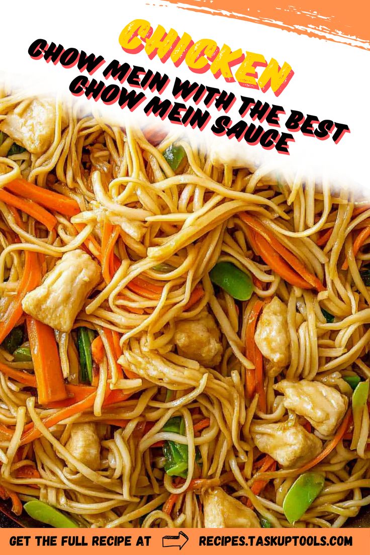 chow mein noodles with chicken and carrots are shown in an ad for the restaurant