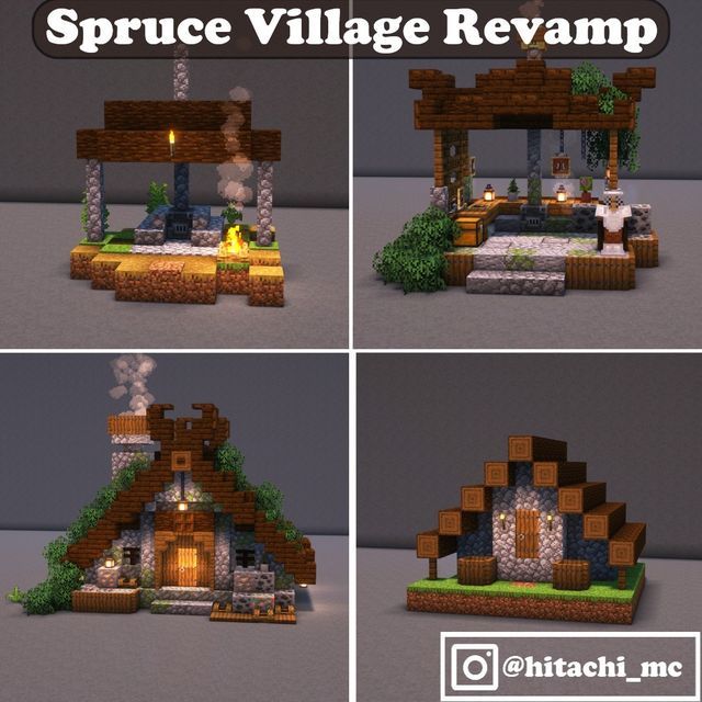 four different views of a small house made out of bricks and wood, with the text spruce village revampp