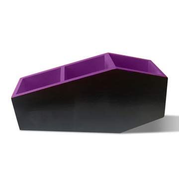 a black and purple shelf sitting on top of a white floor